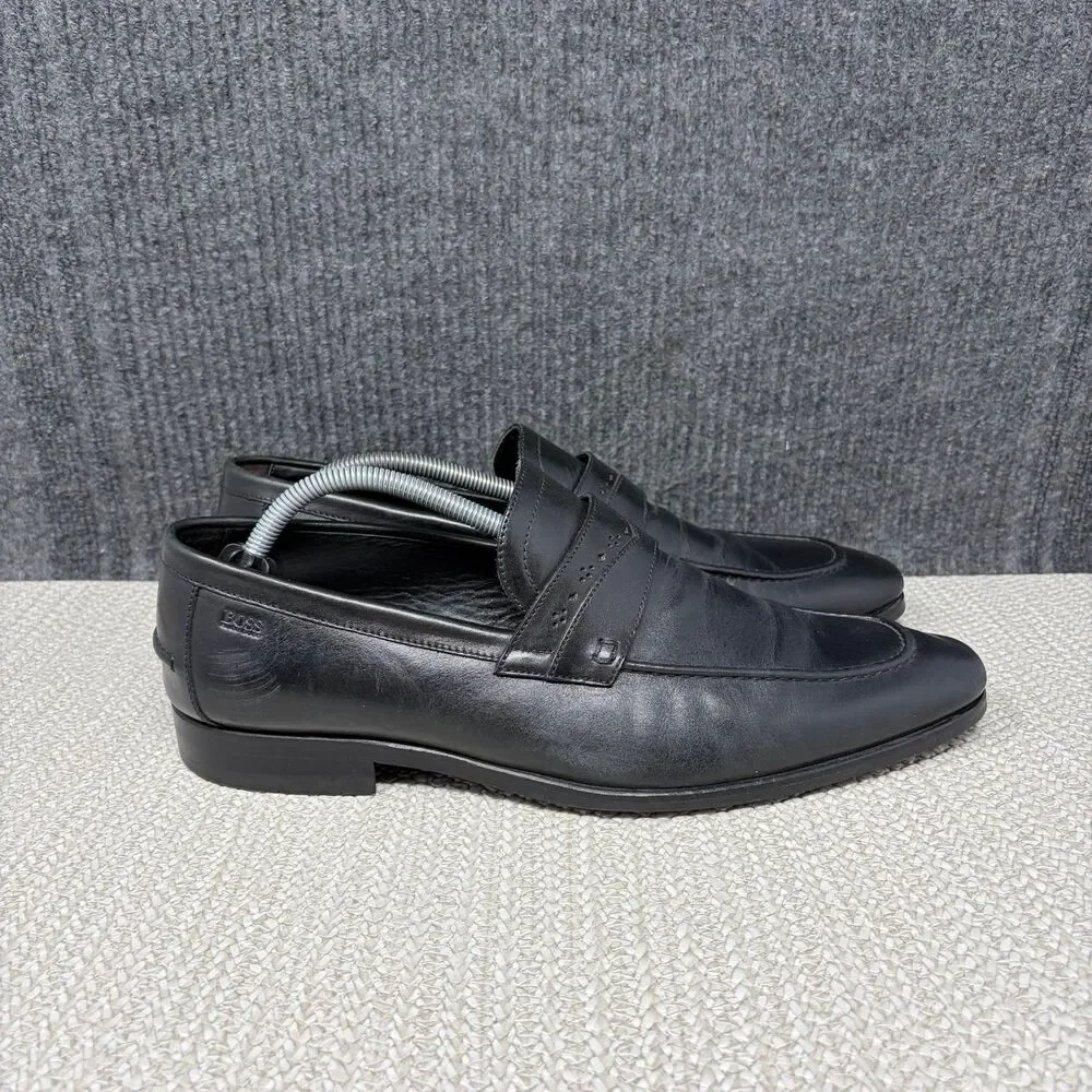 Hugo Boss Black Leather Penny Loafers Slip On Oxfords Dress Shoes Mens 10.5 US
